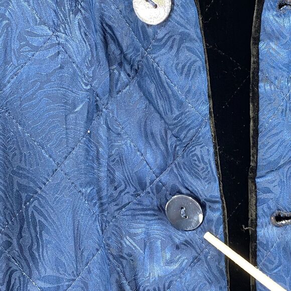 SIMONE CHIN CHIN Jacket M Velvet Silk Quilted Reversible Button Front Black Blue - Picture 12 of 16
